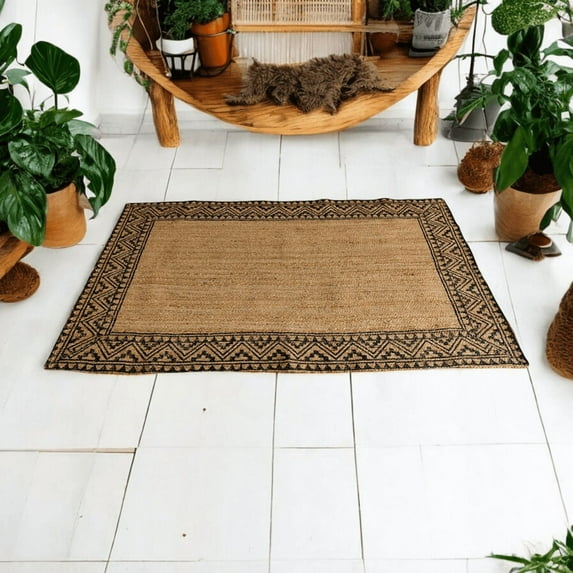 QUINCH Jute Rug Boho Tribal Print Border Handwoven Carpet for Living Room