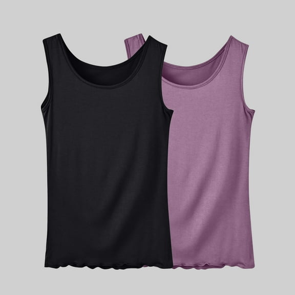 QUINDOS 2 Pack Tank Tops for Women Athletic Summer Camisoles for Women Plus Sleeveless Multi Pack Strap Sports Crew Neck Cami Shirts Solid Color Loose Ruffle Undershirts