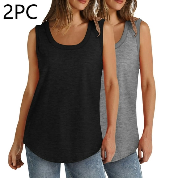 QUINDOS 2 Pack Tank Tops for Women Plus Size Summer Casual Camisoles for Women Strap Square Neck Sleeveless Multi Pack Cami Shirts Long Solid Color Loose Fit Undershirts