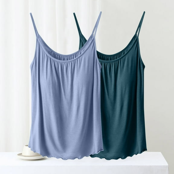 QUINDOS 2 Pack Tank Tops for Women Summer Athletic Camisoles for Women Plus Multi Pack Gym Sleeveless Spaghetti Strap Crew Neck Cami Tops Loose Ruffle Solid Color Undershirts