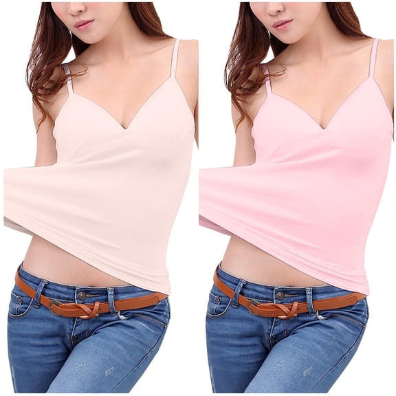 QUINDOS 2 Pack Womens Tank Tops Athletic with Built in Bras Removable Summer Womens Camisoles Sleeveless V-Neck MultiPack Spaghetti Strap Workout Cami Shirts Solid Color Slim Fitted Undershirts