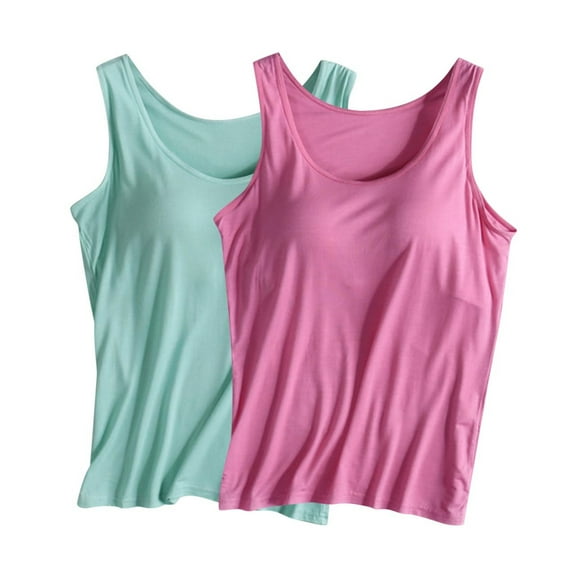QUINDOS 2 Pack Womens Tank Tops Athletic with Built in Bras Summer Camisoles for Women Pack Sleeveless Crew Neck Workout Strap MultiPack Cami Shirts Loose Fit Solid Color Undershirts