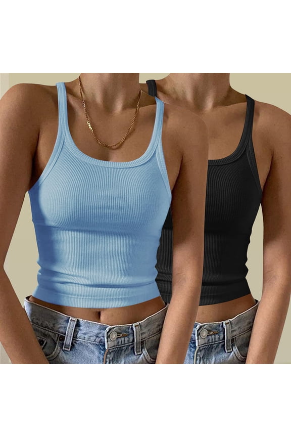 2 Pack Womens Tank Tops Athletic Ribbed Summer Camisoles for Women Pack Spaghetti Strap Sleeveless Crew Neck MultiPack Yoga Cami Tops Solid Color Slim Fitted Undershirts