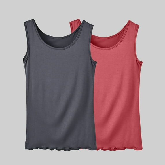 QUINDOS 2 Pack Womens Tank Tops Athletic Summer Camisoles for Women Pack Running Crew Neck MultiPack Strap Sleeveless Cami Shirts Ruffle Solid Color Loose Undershirts