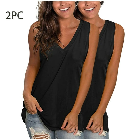 QUINDOS 2 Pack Womens Tank Tops Casual Summer Basic Camisoles for Women Pack MultiPack Sleeveless V-Neck Strap Cami Shirts Loose Solid Color Undershirts