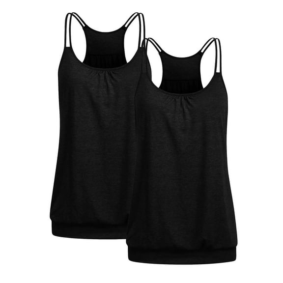 QUINDOS 2 Pack Womens Tank Tops Casual Summer Camisoles for Women Pack Sleeveless MultiPack Spaghetti Strap Crew Neck Shirts Tops Loose Fit Solid Color Hollow Out Undershirts