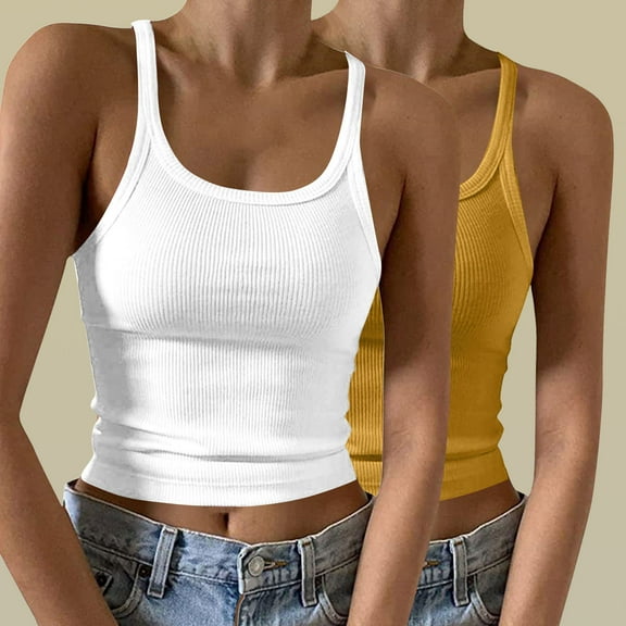 QUINDOS 2 Pack Womens Tank Tops Summer Athletic Ribbed Womens Camisoles Running Crew Neck Sleeveless Spaghetti Strap MultiPack Cami Shirts Solid Color Slim Fitted Undershirts