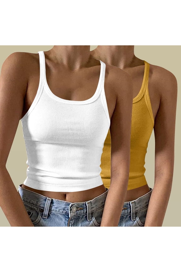 2 Pack Womens Tank Tops Summer Athletic Ribbed Womens Camisoles Running Crew Neck Sleeveless Spaghetti Strap MultiPack Cami Shirts Solid Color Slim Fitted Undershirts
