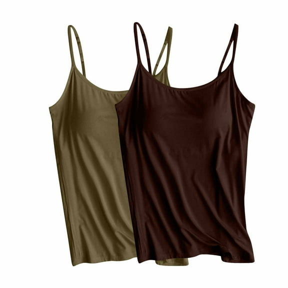 QUINDOS 2 Pack Womens Tank Tops Summer with Built in Bras Athletic Womens Camisoles Sleeveless Sports Crew Neck Spaghetti Strap MultiPack Cami Tops Solid Color Slim Fitted Undershirts