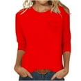 thumbnail image 1 of QUINDOS 3/4 Sleeve Ladies Shirts Red Summer Tops for Women Solid Birthday with Pocket Crew Neck Tops, 1 of 4