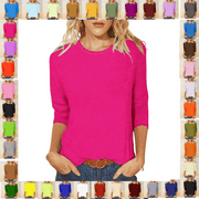 QUINDOS 3/4 Sleeve Tee Shirts for Women Summer Pink Tops for Women Crew Neck Beach Solid Tops