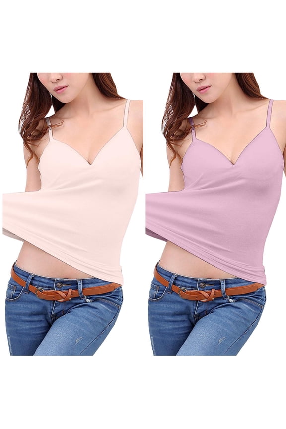 Athletic Tank Tops for Women Summer 2 Pack with Built in Bras Removable Camisoles for Women Plus Running Multi Pack Sleeveless V-Neck Spaghetti Strap Cami Tops Solid Color Undershirts