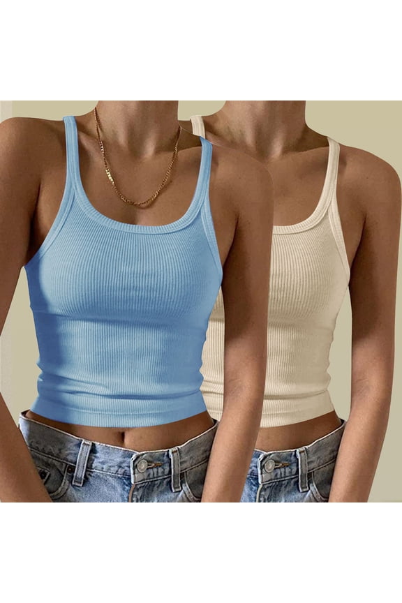 Athletic Womens Tank Tops Summer 2 Pack Ribbed Womens Camisoles Spaghetti Strap Sleeveless MultiPack Yoga Crew Neck Cami Tops Solid Color Slim Fitted Undershirts