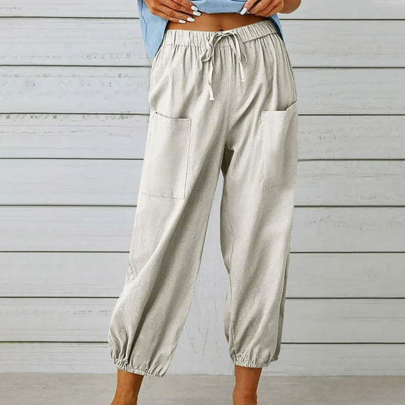 QUINDOS Beige Cargo Pants for Women with Pockets Long High Waisted Taper Womens Plus Size Pants Cotton Linen Athletic Loose Button Baggy Pants
