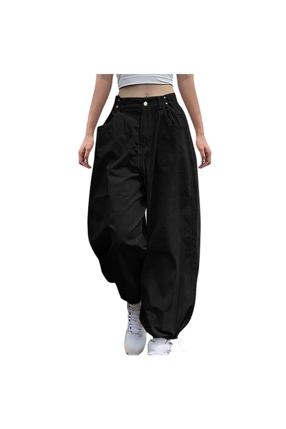 Black Womens Plus Size Cargo Pants Taper Long High Waisted Women's Pants Relaxed Fit Button Cotton Casual Jogger Pants with Pockets