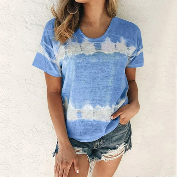QUINDOS Blue Shirts for Women Summer Tie Dye Short Sleeve Womens Plus Tops Crew Neck Loose Tops