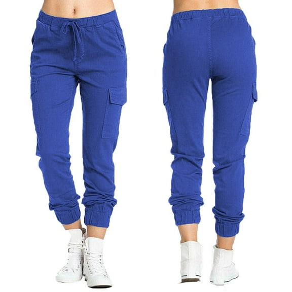 QUINDOS Blue Women's Cargo Pants High Waisted Long Taper Womens Plus Size Pants Drawstring Casual Hippie Punk Pants with Pockets