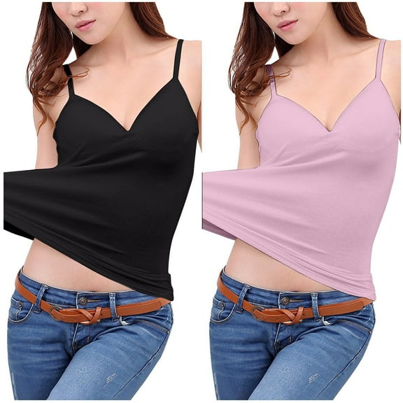 QUINDOS Built in Bras Removable Womens Tank Tops Athletic Summer 2 Pack Womens Camisoles Workout V-Neck MultiPack Spaghetti Strap Sleeveless Cami Shirts Solid Color Slim Fitted Undershirts