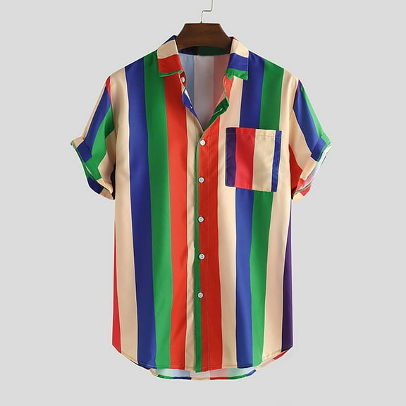 QUINDOS Button Down Hawaiian Shirts Men Summer Short Sleeve Casual Shirts Beach Pocket Loose Striped Vacation Shirts