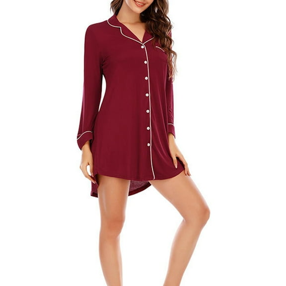 QUINDOS Button Down Pajamas for Women Satin Silk Nightgowns for Women Notch Collar Long Sleeve Sleep Shirt Casual Solid Pockets Home Wear Night Dress
