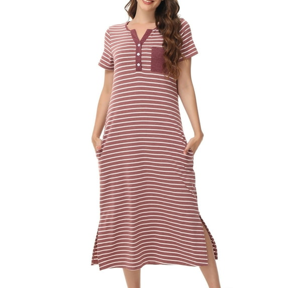 QUINDOS Button Down Pajamas for Women Cotton Long Nightgowns for Women Notch Collar Striped Sleep Dress Casual Short Sleeve Pockets Hem Split Sleepwear Night Dress