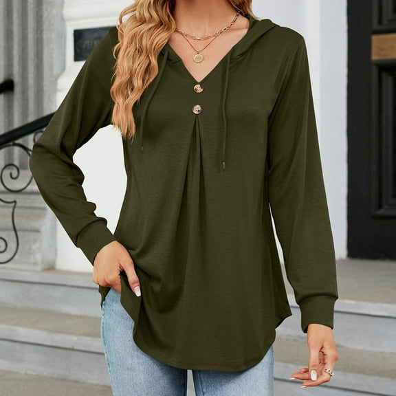 QUINDOS Button Womens Hoodies Plus Size Lightweight Henley Tunic Sweatshirts for Women Plus Size Casual V-neck Long Sleeve Plain Pullover Tops