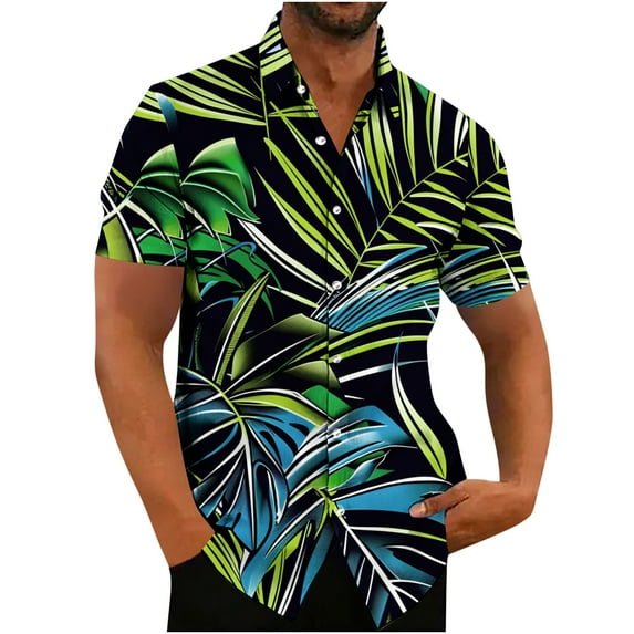 QUINDOS Button up Mens Shirts Hawaiian Casual Summer Short Sleeve Shirts Tropical Print Vacation Beach Loose Fit Shirts