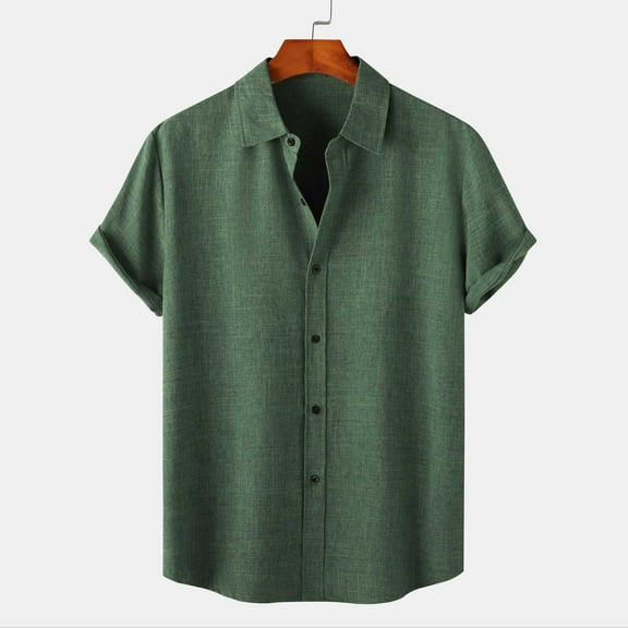 QUINDOS Button up Shirts for Men Hawaiian Casual Short Sleeve Cotton Linen Summer Shirts Solid Beach Vacation Loose Fit Shirts
