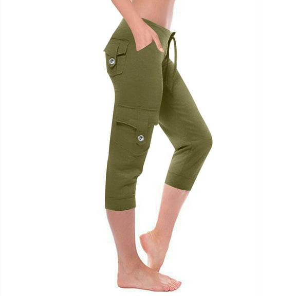QUINDOS Capri Cargo Pants Womens High Waist Compression Yoga Leggings Workout Multi Pockets Cropped Pants