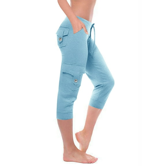QUINDOS Capri Cargo Pants Womens High Waist Compression Yoga Leggings Workout Multi Pockets Cropped Pants