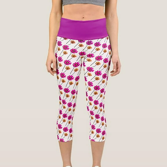 QUINDOS Capri Leggings for Women Cropped Dasiy Print Gym Yoga Pants High Waist Compression Slim Leggings