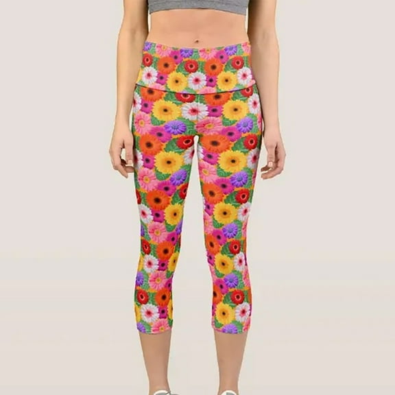 QUINDOS Capri Leggings for Women Cropped Dasiy Print Gym Yoga Pants High Waist Compression Slim Leggings