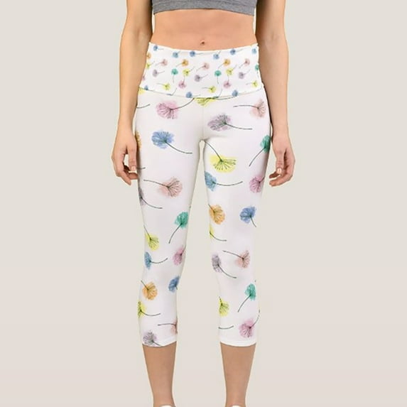 QUINDOS Capri Leggings for Women Cropped Dasiy Print Gym Yoga Pants High Waist Compression Slim Leggings