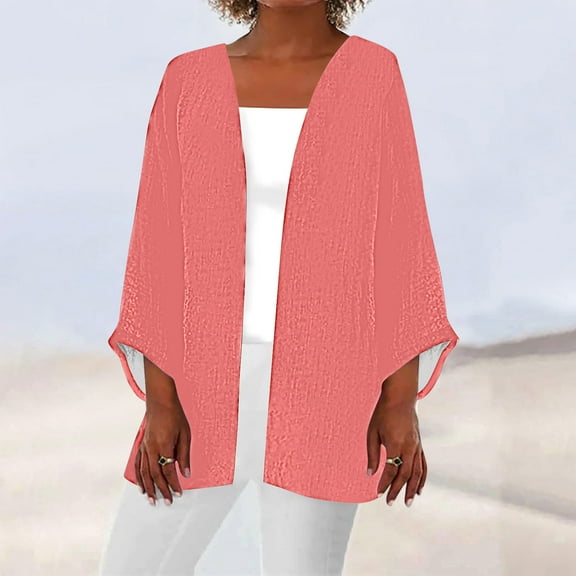 QUINDOS Cardigans for Women Plus Size,Women's Solid Color 3/4 Sleeve Print Loose Shirt Tops Cardigan