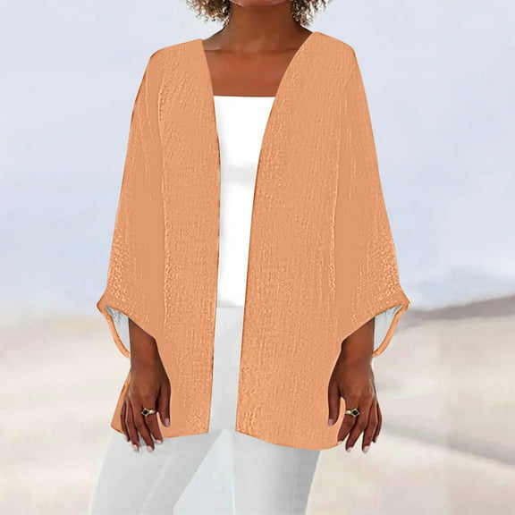 QUINDOS Cardigans for Women,Women's Solid Color 3/4 Sleeve Print Loose Shirt Tops Cardigan