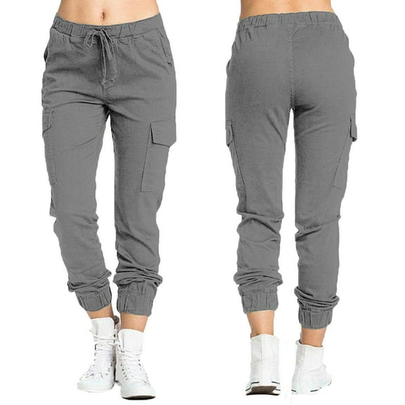 QUINDOS Cargo Pants for Women on $9 Gray Long Taper High Waisted Pants for Womens Fashion Casual Drawstring Hiking Pants with Pockets