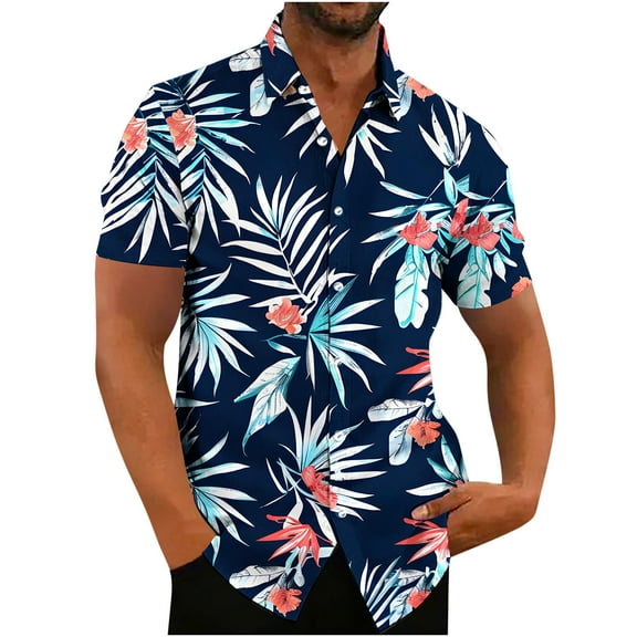 QUINDOS Casual Hawaiian Shirt Men Short Sleeve Summer Button Down Shirts Vacation Tropical Print Loose Beach Shirts
