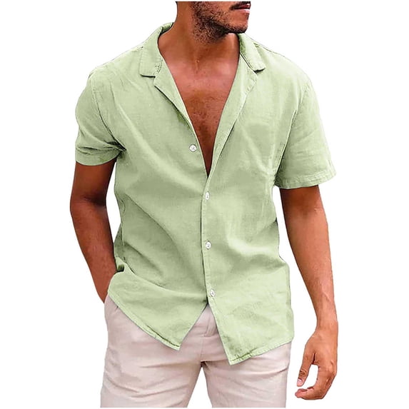 QUINDOS Casual Hawaiian Shirts Men Summer Button Down Short Sleeve Cotton Linen Shirts Solid Beach Loose Vacation Shirts