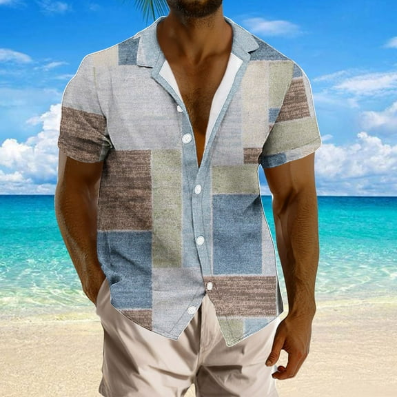 QUINDOS Casual Hawaiian Shirts for Men Tall Button up Summer Short Sleeve Shirts Tropical Print Vacation Beach Loose Fit Shirts