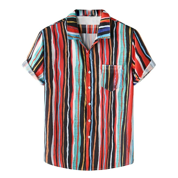 QUINDOS Casual Mens Hawaiian Shirts Short Sleeve Button Down Summer Shirts Vacation Striped Beach Pocket Loose Shirts