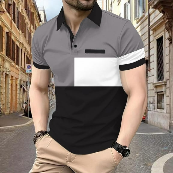 QUINDOS Casual Mens Shirts Polo Collared Short Sleeve Shirts Loose Color Block Vacation Patchwork T-shirts
