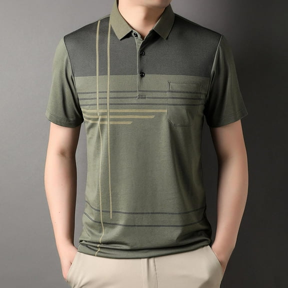 QUINDOS Casual Mens Shirts Polo Short Sleeve Collared Shirts Striped Loose Summer Moisture Wicking T-shirts