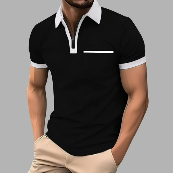 QUINDOS Casual Mens Shirts Short Sleeve Collared Polo Shirts Solid Workout Loose Sports Pockets T-shirts