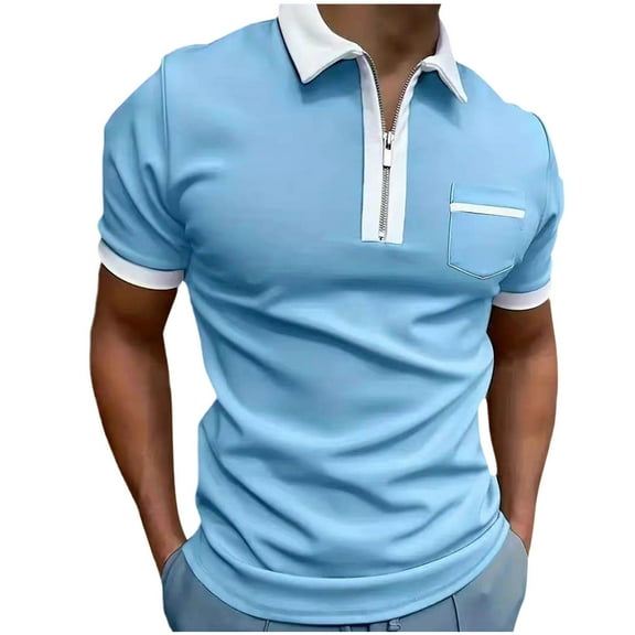 QUINDOS Casual Mens Shirts Short Sleeve Polo Collared Shirts Pockets Solid Regular Fit Patchwork Loose T-shirts