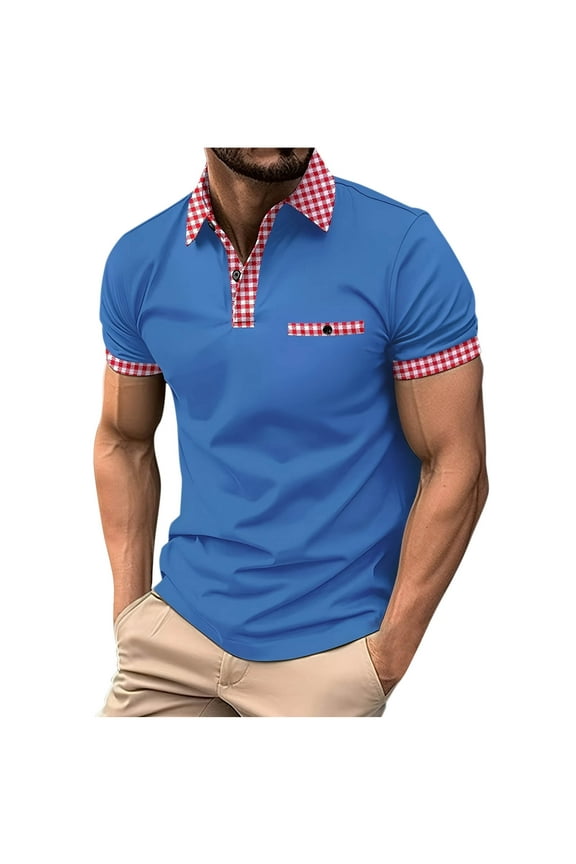 Casual Shirts for Men Big and Tall Polo Short Sleeve Collared Shirts Plaid Golf Loose Patchwork Solid T-shirts