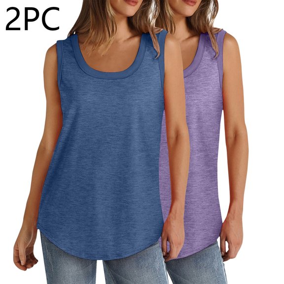QUINDOS Casual Tank Tops for Women 2 Pack Plus Size Summer Camisoles for Women Plus Strap Square Neck Everyday Sleeveless Multi Pack Cami Shirts Long Solid Color Loose Fit Undershirts