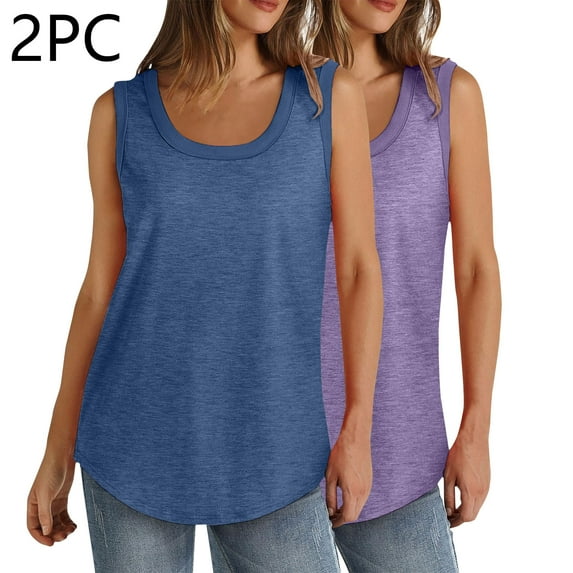 QUINDOS Casual Womens Tank Tops 2 Pack Summer Plus Size Camisoles for Women Pack Square Neck Large MultiPack Sleeveless Strap Shirts Tops Long Solid Color Loose Fit Undershirts