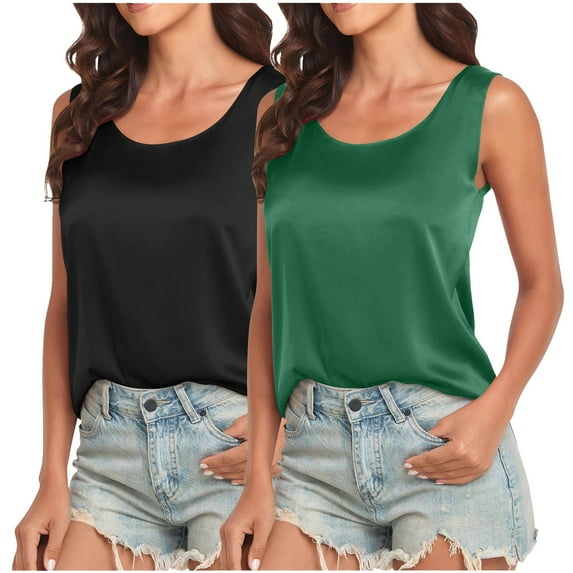 QUINDOS Casual Womens Tank Tops Summer 2 Pack Camisoles for Women Pack Strap Crew Neck Everyday Sleeveless MultiPack Shirts Tops Solid Color Loose Fit Undershirts