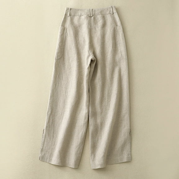QUINDOS Pants for Women Wide Leg High Waisted Long Casual Trousers Cotton Linen Side Split Straight Fit Pants with Pockets