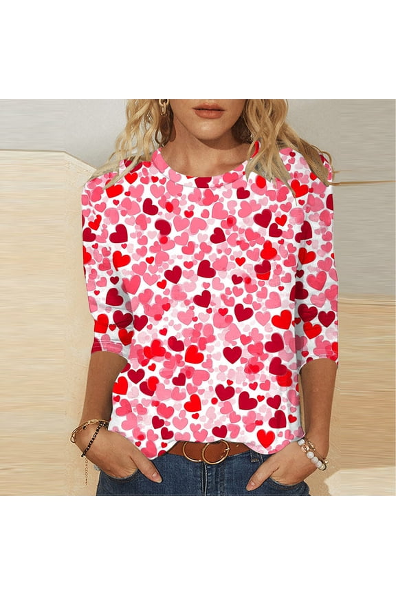Clothes for Women Valentines Fashion 3/4 Sleeve Crew Neck Heart Sweethearts T-shirts Tops